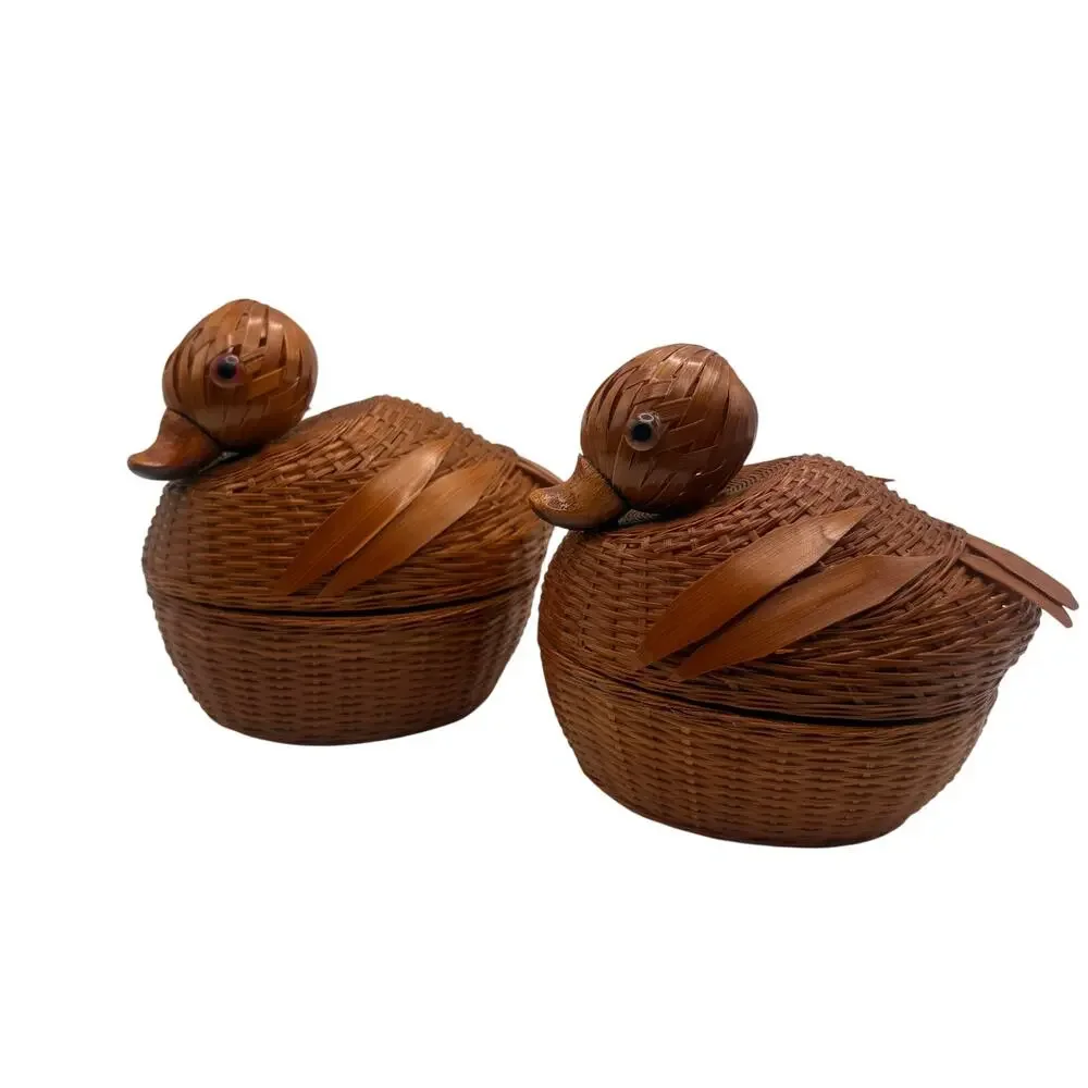 Bamboo Duck Basket Set of 2 Chekiang Chenghsien Woven Mid Century Boho Quirky